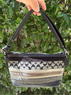Coach Signature Stripe Patchwork Shoulder Bag in Black